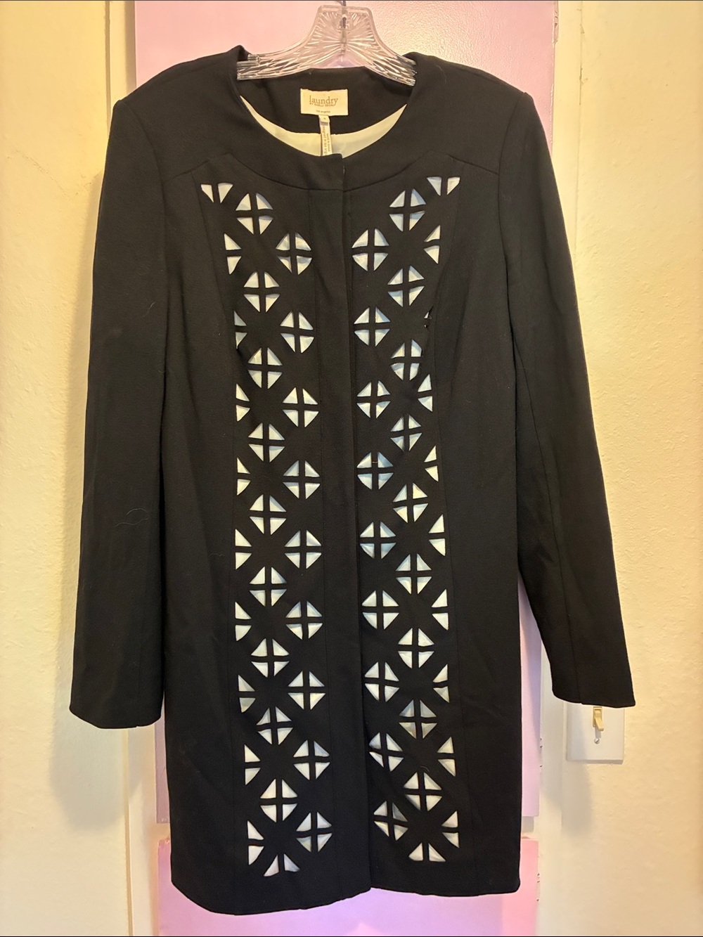 Laundry By Shelli Segal Black Laser-Cut Long Sleeve Dress with Cream Underlay